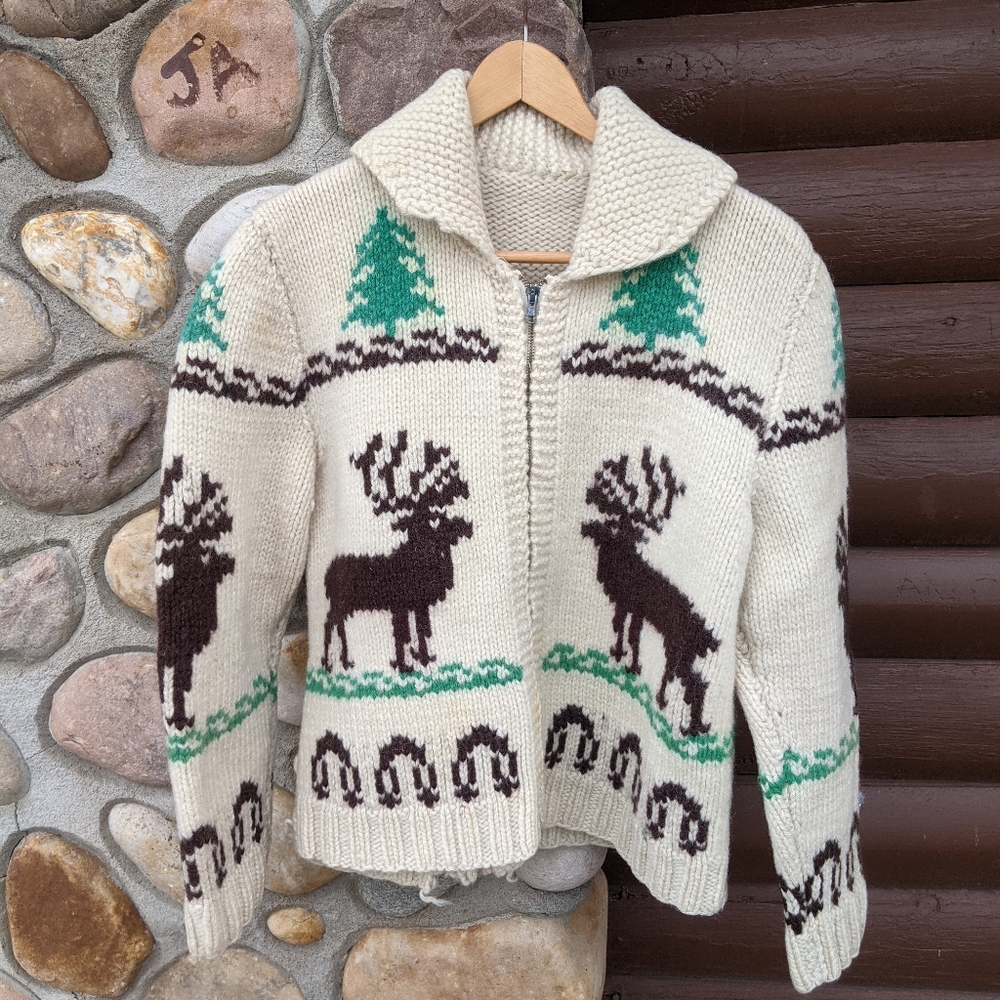 **AS iS Project Piece**Vintage 1950s reindeer + Trees Cowichan Intarsia sweater